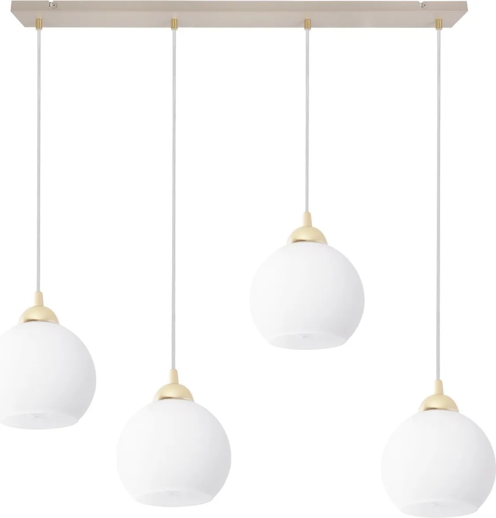 Závesné svietidlo Eliza, 4x biele sklenené tienidlo, g/be