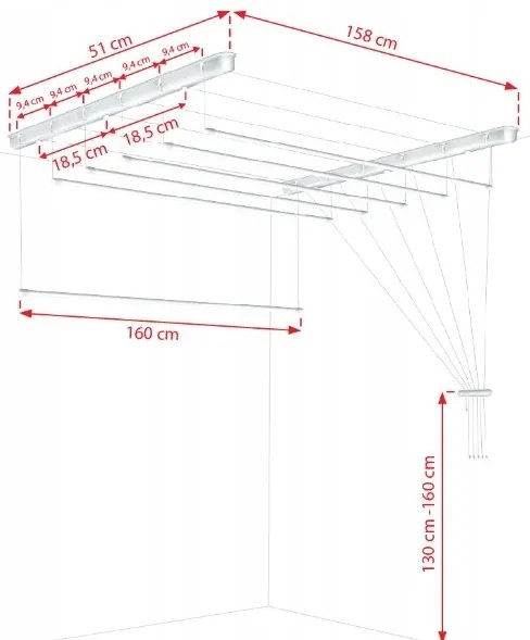 Erga Erga, stropný vešiak na sušenie bielizne 6x160 cm, biela, ERG-SEP-10SUSSUF6PP16