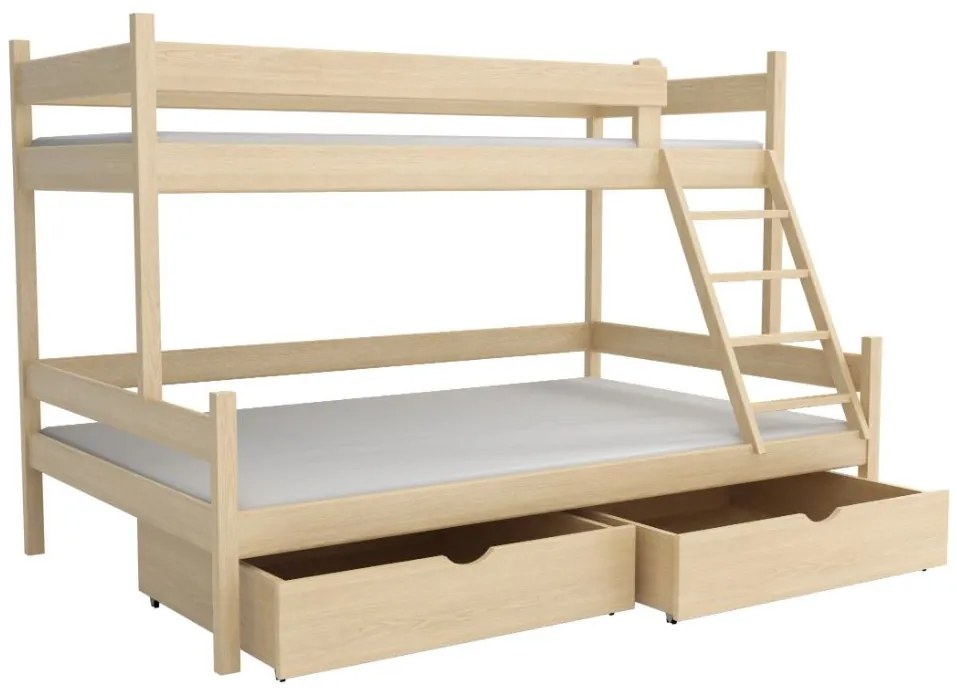 Detská poschodová posteľ z masívu borovice s rozšíreným spodným lôžkom NEVADA so šuplíkmi - 200x90/140 cm - PRÍRODNÁ BOROVICA