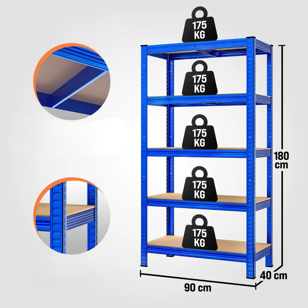 Regál s vysokou nosnosťou HEAVY, max. 875kg, 90x40x180cm, modrá Monzana
