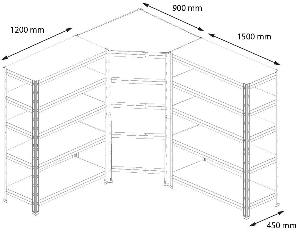 Bezskrutkový kovový regál RIVET CORNER PACK 180x210x240x45 cm, 5x HDF polica, zinok