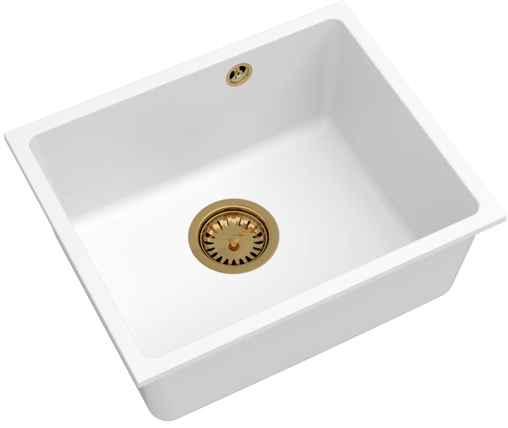 Sink Quality Crypton 55, kuchynský granitový drez 460x375x205 mm + zlatý sifón, biela, SKQ-CRY.W.1KBO.55.XG