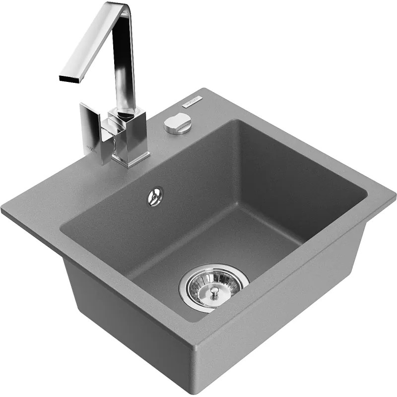Mexen Milo, 1-komorový granitový drez 435x410x171 mm a chrómová batéria Rita, šedá, 6505-71-670300-00