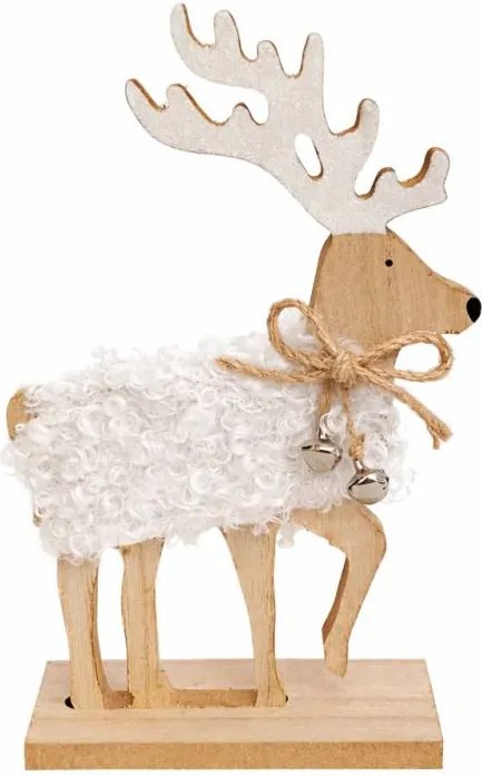 DECOLED Drevená dekorácia na stôl jeleň s rolničkami, 12,5 × 20,5 cm, biela, stojaca