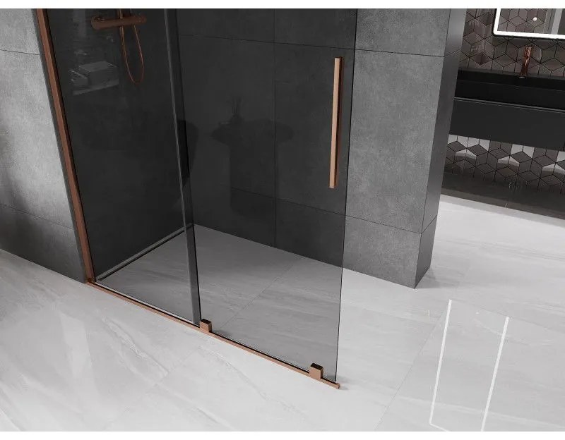 Mexen Velar, sprchová zástena s posuvnými dverami Walk-in 130 x 200 cm, 8mm šedé sklo, ružové zlato, 871-130-000-43-60
