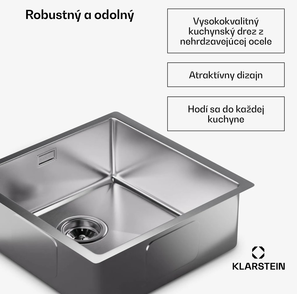 Klarstein TitanSteel Kuchynský drez 45 x 45 cm (DxŠ) s povrchom odolný voči hrdzi, poškriabaniu a teplu