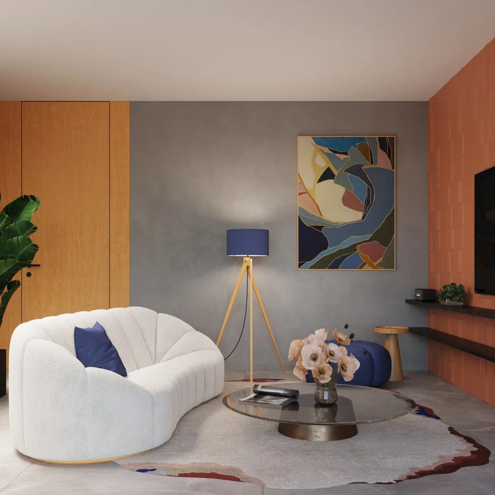 Stojacia lampa Natt, 1x modré textilné tienidlo, drevo