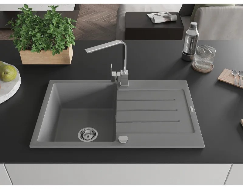 Mexen Bruno, drez granitový 795x495x200 mm, 1-komorový, šedá s chrómovým sifónom a chrómová drezová batéria Rita, 6513-71-670300-00