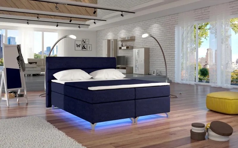 Posteľ Boxspring Amadeus + LED 200x180, tm. modrá (látka - bao 18)