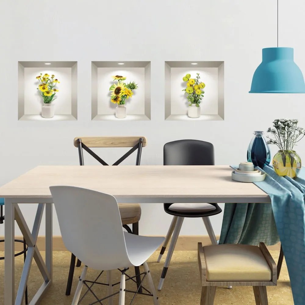 Sada 3 3D samolepiek na stenu Ambiance Yellow Flowers