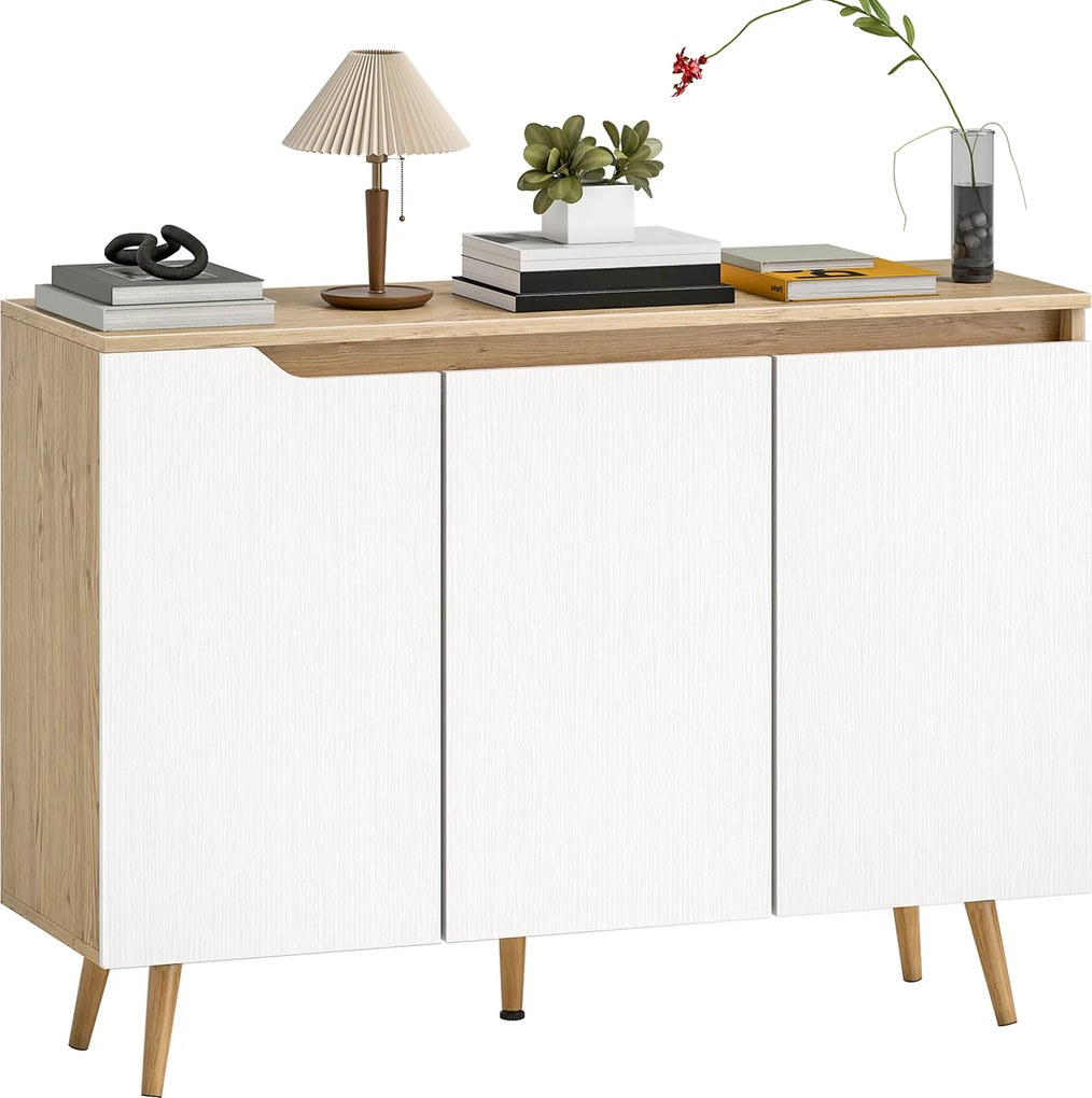 HOMCOM Komoda, 3 dvierka, 2 nastaviteľné police, 5 nôh z hevea gumeného dreva, rustikálny dub a biela, 107 x 35 x 76,5 cm | Aosom