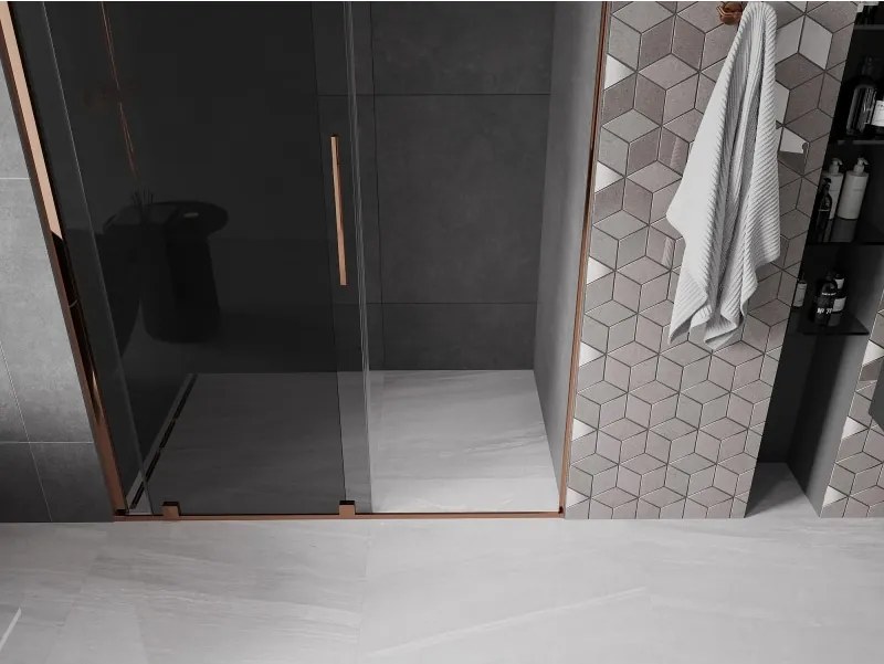 Mexen Velar, posuvné sprchové dvere do otvoru 130 cm, 8mm šedé sklo, ružové zlato, 871-130-000-41-60