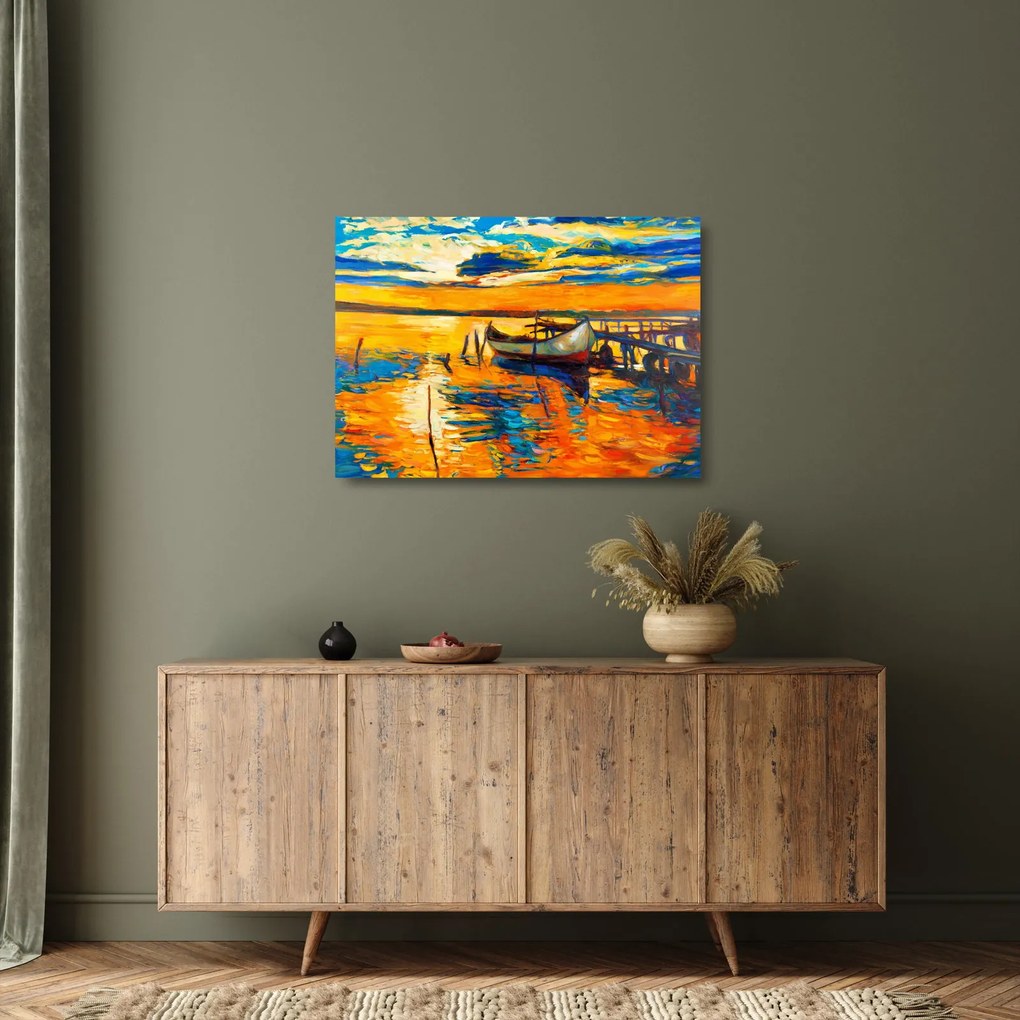 Sklenený obraz - Loďka pri západe slnka (70x50 cm)