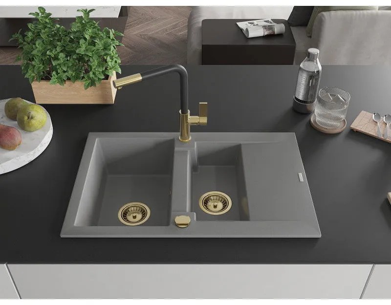 Mexen Gaspar, 1,5-komorový granitový drez 737x475x177 mm a drezová batéria Flora, šedá, 6507-71-670401-57-G