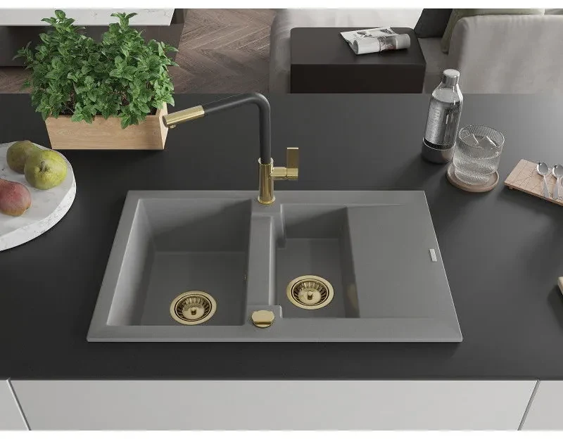 Mexen Gaspar, 1,5-komorový granitový drez 737x475x177 mm a drezová batéria Flora, šedá, 6507-71-670401-57-G