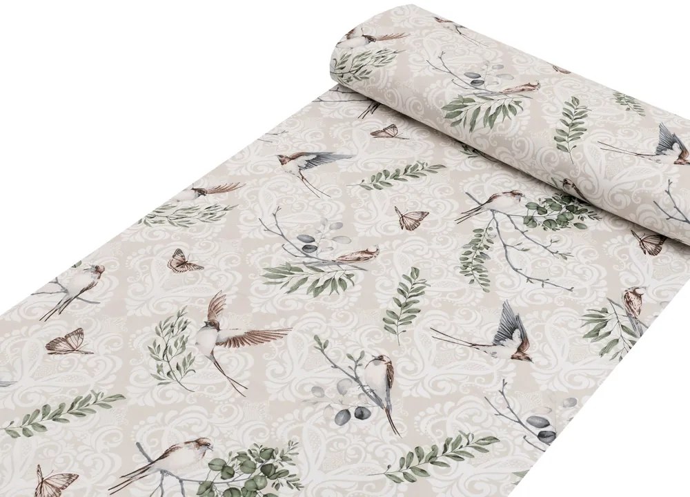 Biante Detské bavlnené posteľné obliečky do postieľky Sandra SA-490 Lastovičky s motýlikmi na béžovom ornamente Do postieľky 90x120 a 40x60 cm