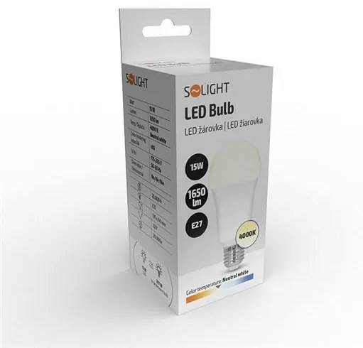 SOLIGHT LED žiarovka klasický tvar A65 15W, E27, 4000K, 220 °, 1650lm