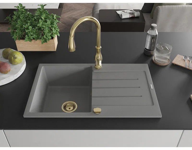 Mexen Bruno, 1-komorový granitový drez 795x495x200 mm a drezová batéria Savita, šedá, 6513-71-672601-50