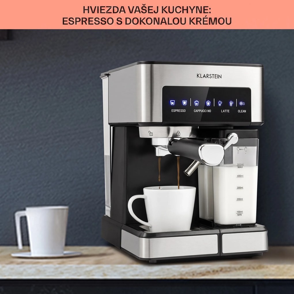 Klarstein Arabica Comfort kávovar s portafiltrom, 1350 W, 20 bar, 1,8 l, dotykový ovládací panel