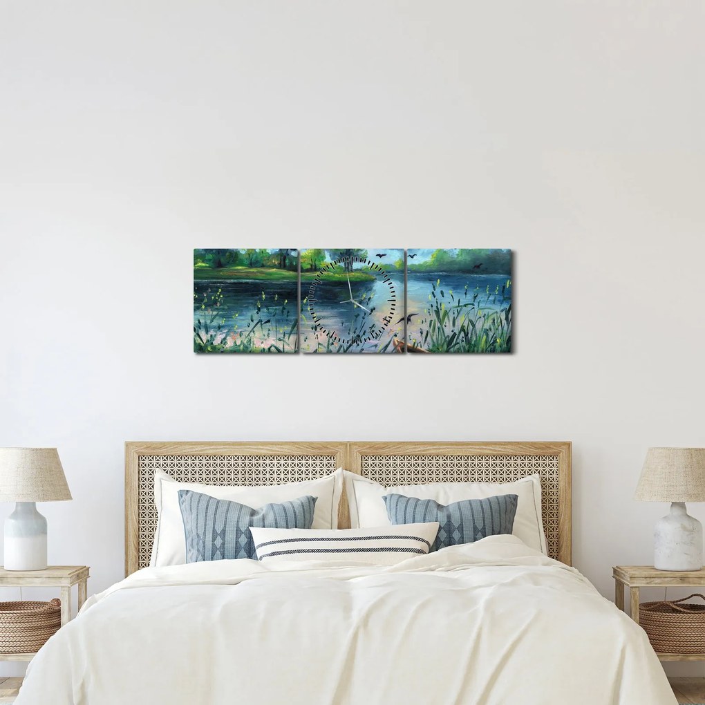 Obraz - Olejomaľba, Letný podvečer pri jazere (s hodinami) (90x30 cm)