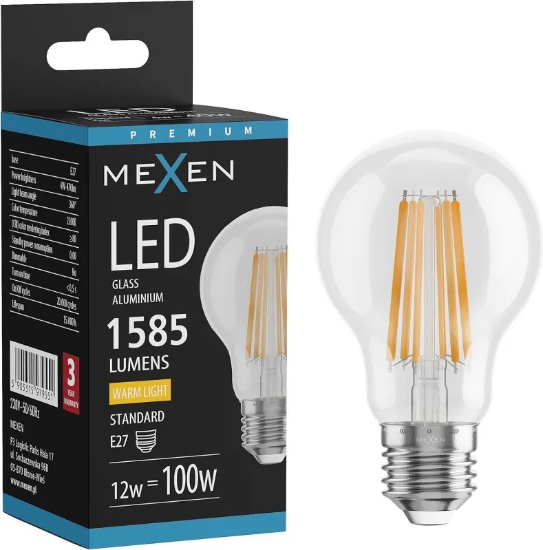 Mexen Vintis, LED filamentová žiarovka E27, A60, 12 W, teplá biela 2700K, číra, L150-E27-1227-00