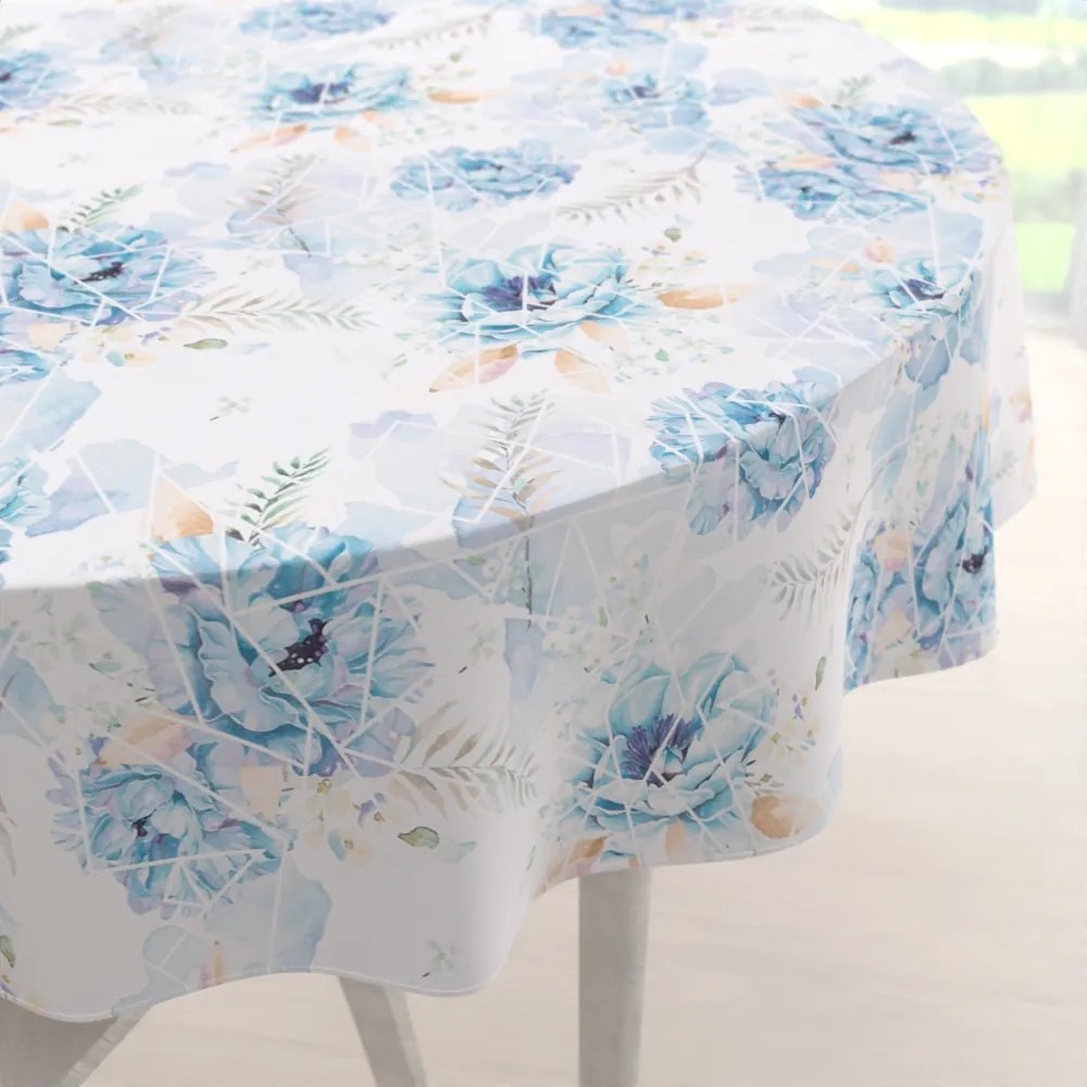 Biante Teflónový okrúhly obrus TF-087 Modré kvety na geometrickom bielom Ø 80 cm