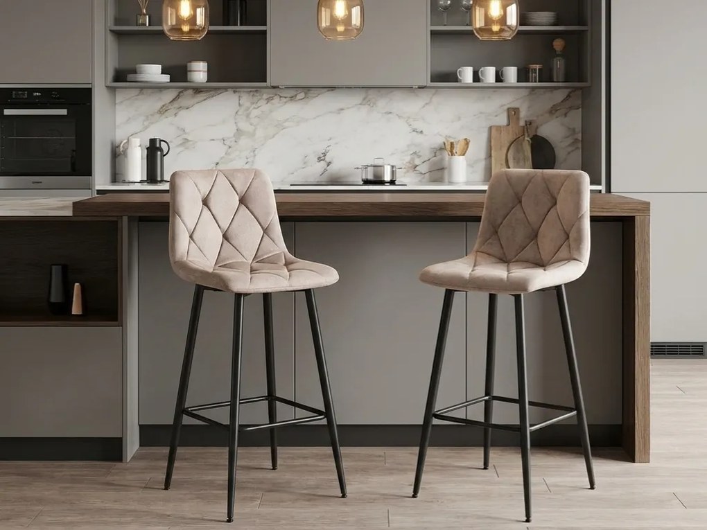 Tmavo béžová barová stolička NADO VELVET s čiernymi nohami