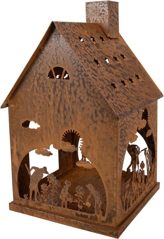 Hrdzavý svietnik v tvare domčeka s dekorom Rustic Charm - 17*17*28 cm