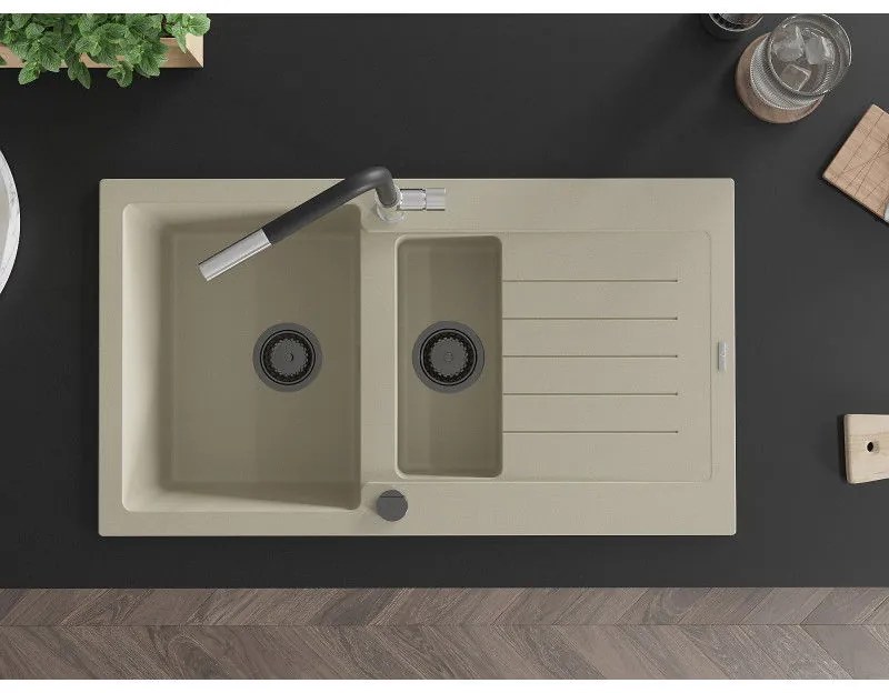 Mexen Matias, 1,5-komorový granitový drez 900x505x200 mm a drezová batéria Flora, béžová, 6502-69-670401-07-B