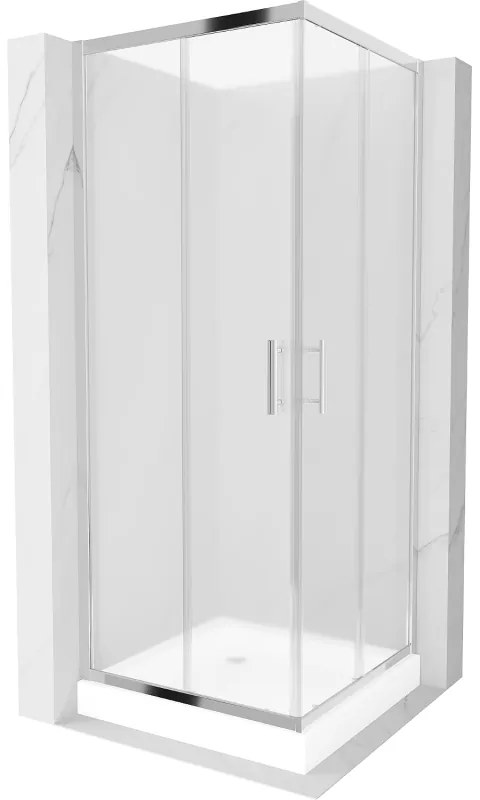 Mexen Rio, štvorcový sprchovací kút s posuvnými dverami 80(dvere) x 80(dvere) x 190 cm, 6mm sklo námraza, chrómový profil + biela sprchová vanička RIO, 860-080-080-01-30-4510