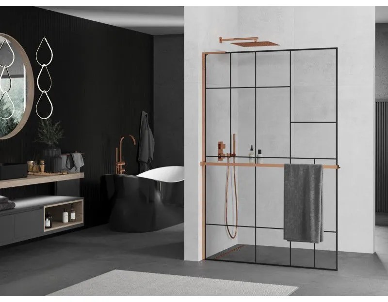 Mexen Kioto+ L, sprchová zástena Walk-In s poličkou a vešiakom 110 x 200 cm, 8mm číre sklo čierny vzor, ružové zlato profil, 800-110-123-60-78