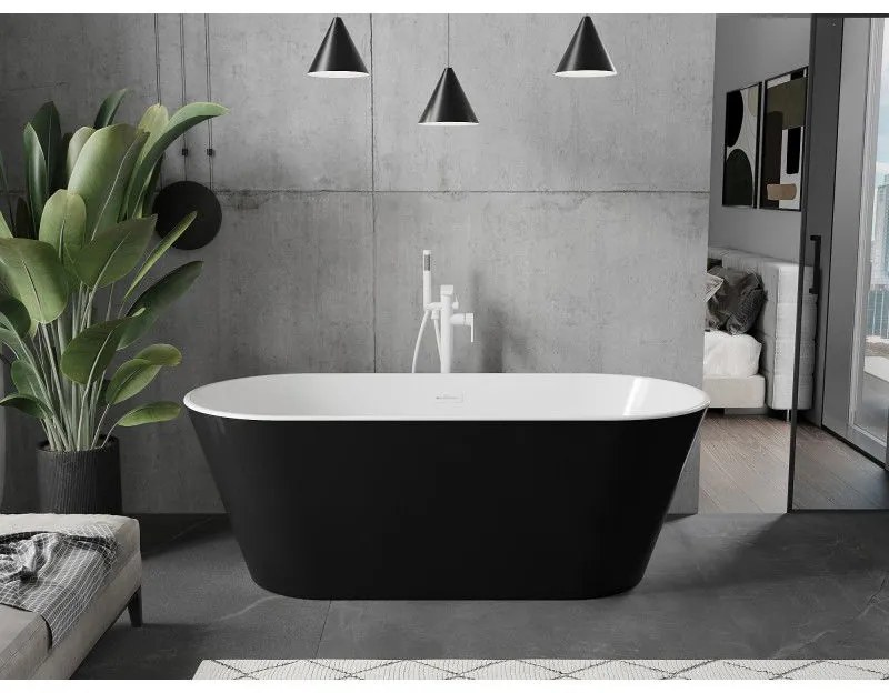 Mexen Flavia, voľne stojaca vaňa 150 x 75 cm, biela-čierna, biely prepad, 54031507575-20