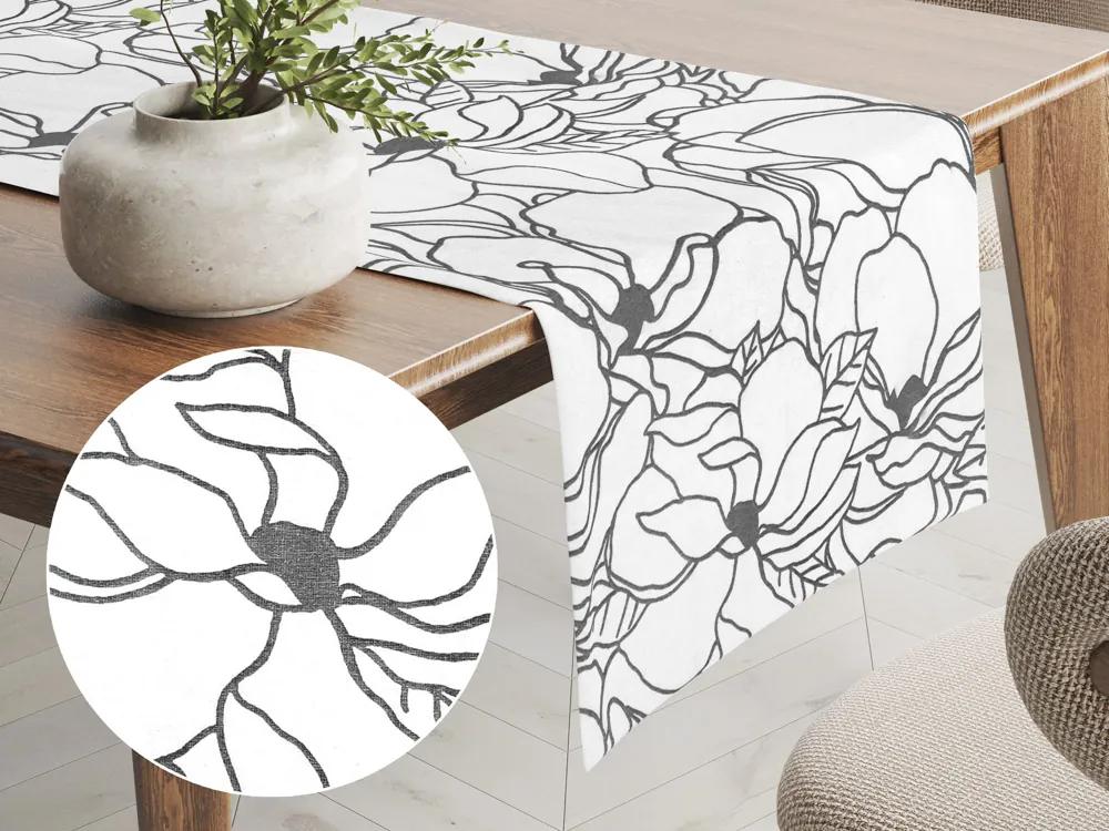 Biante Bavlnený behúň na stôl Sandra SA-271 Sivé designové kvety na bielom 20x180 cm