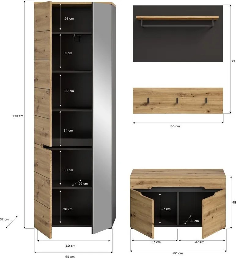 Predsieňová zostava Cano (4-dielna), šedá/dub artisan