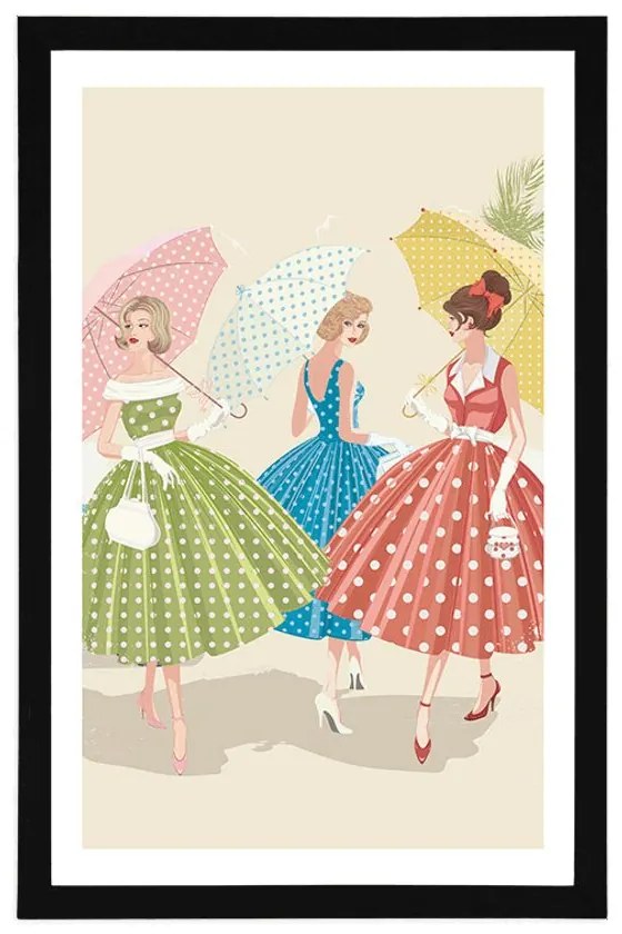 Plagát s paspartou retro dámy s dáždnikmi - 20x30 white
