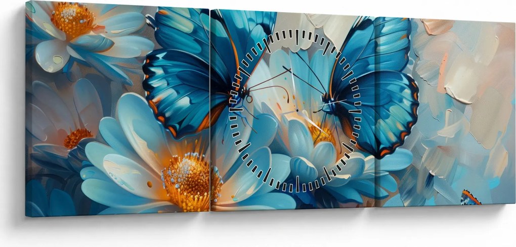 Obraz - Modrí motýle (s hodinami) (90x30 cm)