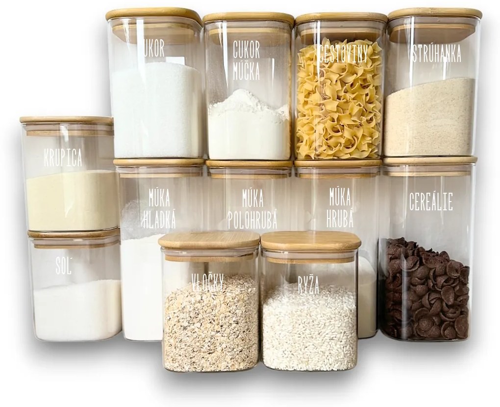 Orion Základná sada 12ks sklenených hranatých dóz s bambusovým vekom - BORO12
