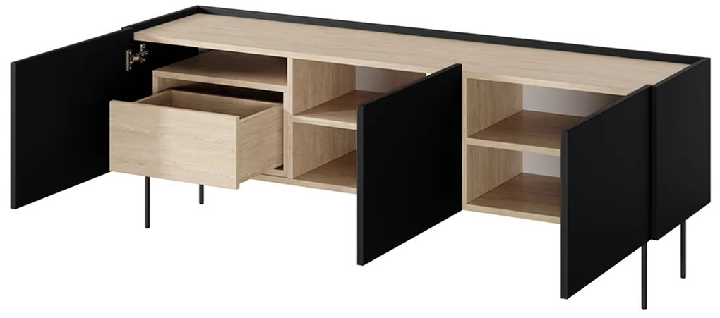 TV skrinka trojdverová s kontajnerom Desin 170 3D1SZ - čierny mat / Dub nagano