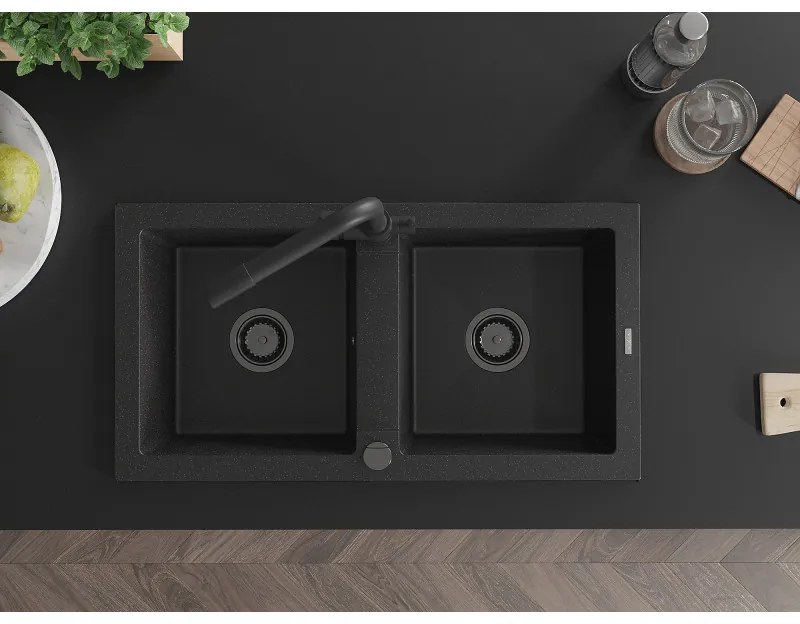 Mexen Mario, 2-komorový granitový drez 820x436x161 mm a čierna drezová batéria Duero, čierna-strieborná metalíza, 6504-73-671600-70-B
