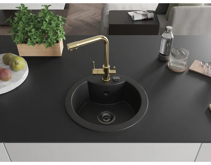 Mexen Diego, 1-komorový granitový drez 488x488x167 mm, zlatá batéria Duero, čierna, 6512-77-671600-50-B