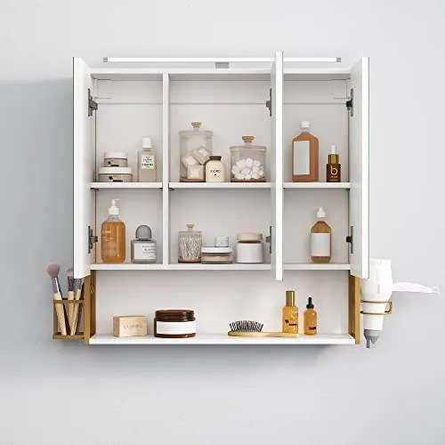 Zrkadlová skrinka do kúpeľne Nástenná skrinka s LED svetlom, biela a zlatá farba