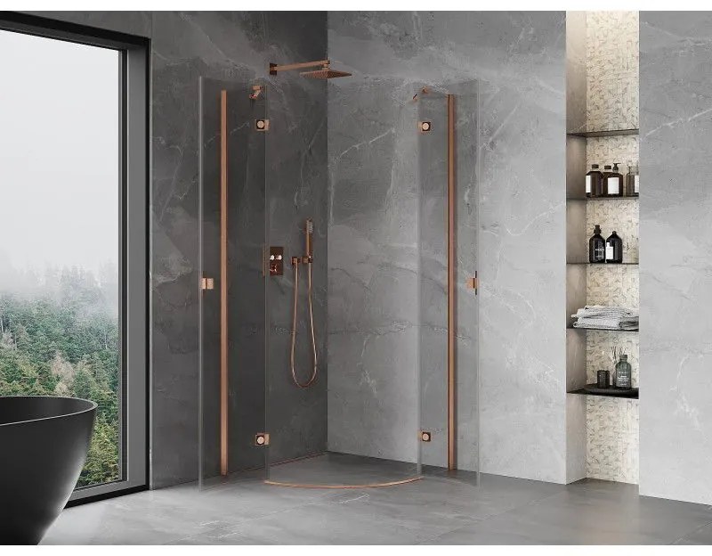 Mexen Mist, polkruhový výklopný sprchový kút 80 x 80 cm, číre sklo, medený matný profil, 8A33-080-080-65-00
