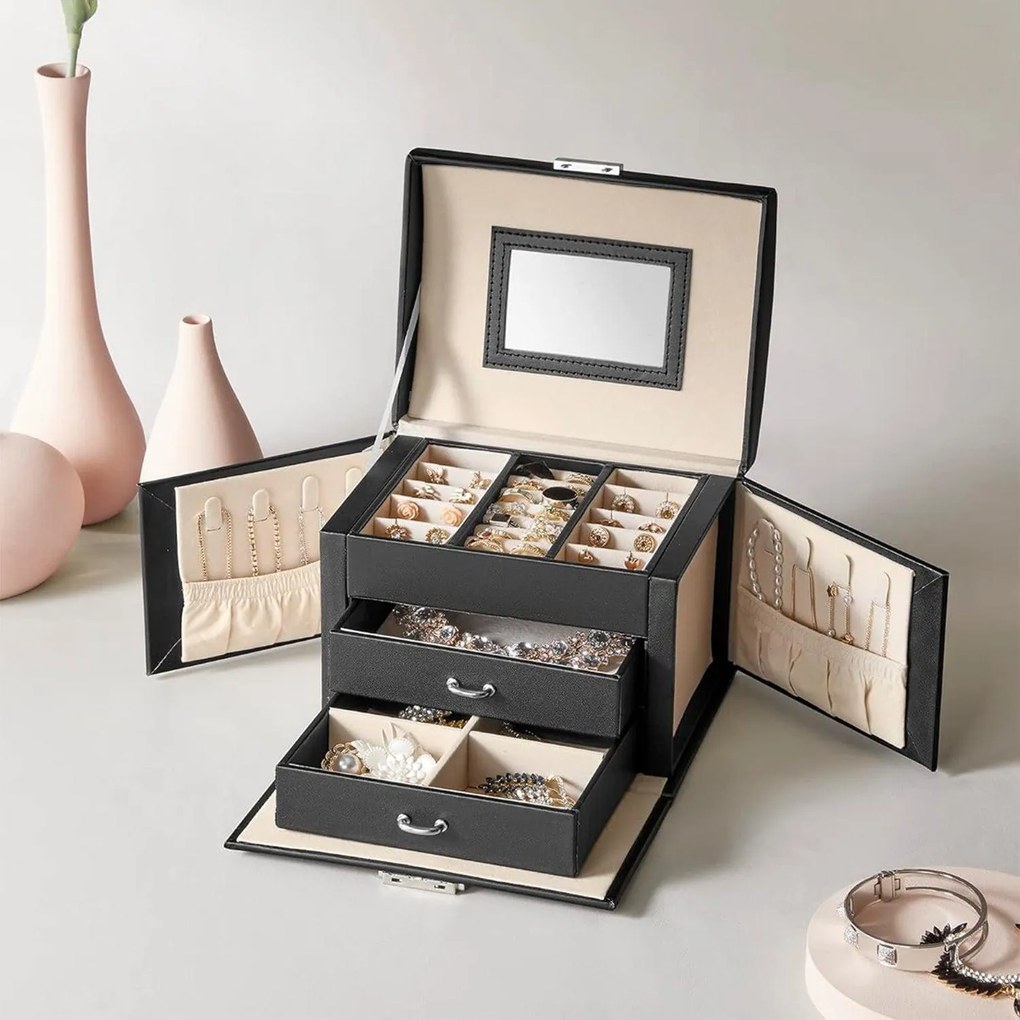 Šperkovnica 3-úrovňová, 2 zásuvky, s cestovným puzdrom, čierna