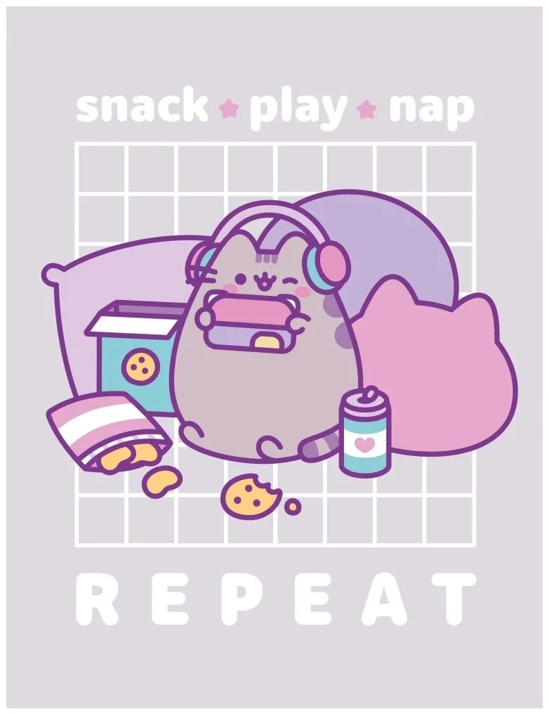 Coral fleece deka mačička Pusheen - motív Snack ★ Play ★ Nap &amp; Repeat - 130x170 cm