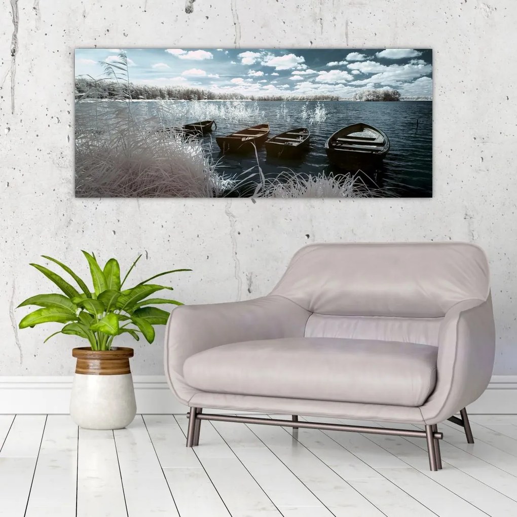 Obraz - Drevené loďky na jazere (120x50 cm)