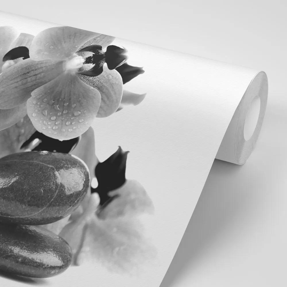 Samolepiaca fototapeta čiernobiele kamene a orchidea - 450x300