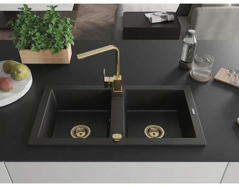 Mexen Mario, granitový drez 820x436x161 mm, 2-komorový, čierna so zlatým sifónom a zlatá drezová batéria Rita, 6504-77-670300-50