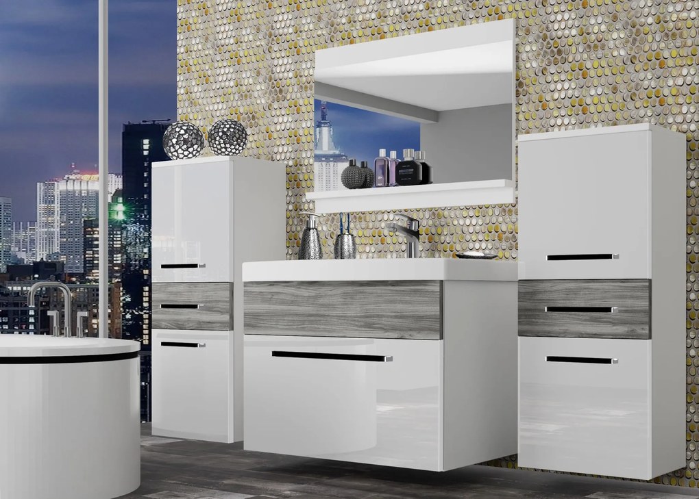 Kúpeľňový nábytok Belini biely lesk / šedý antracit Glamour Wood + umývadlo + zrkadlo ROD PM 4/0/W/WGW/0/ZW