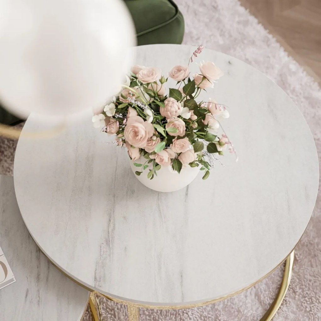 OKRÚHLY KONFERENČNÝ STOLÍK LEONARDO GLOSS CHROME 2v1 BIELY MRAMOR + ZLATÝ