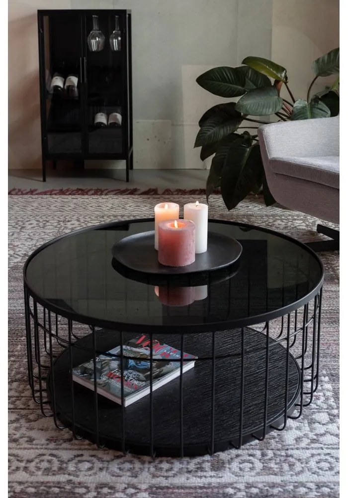 Čierny okrúhly konferenčný stolík so sklenenou doskou 80x80 cm Lance – White Label